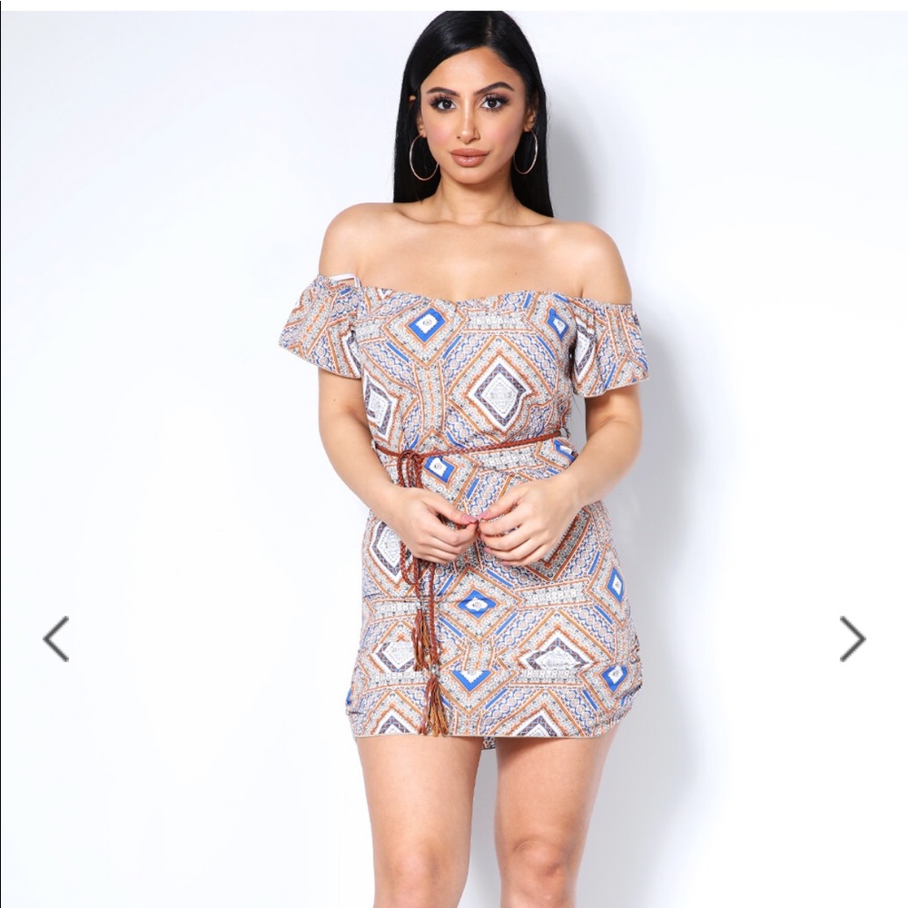 Ornate Print Off The Shoulder Mini Dress